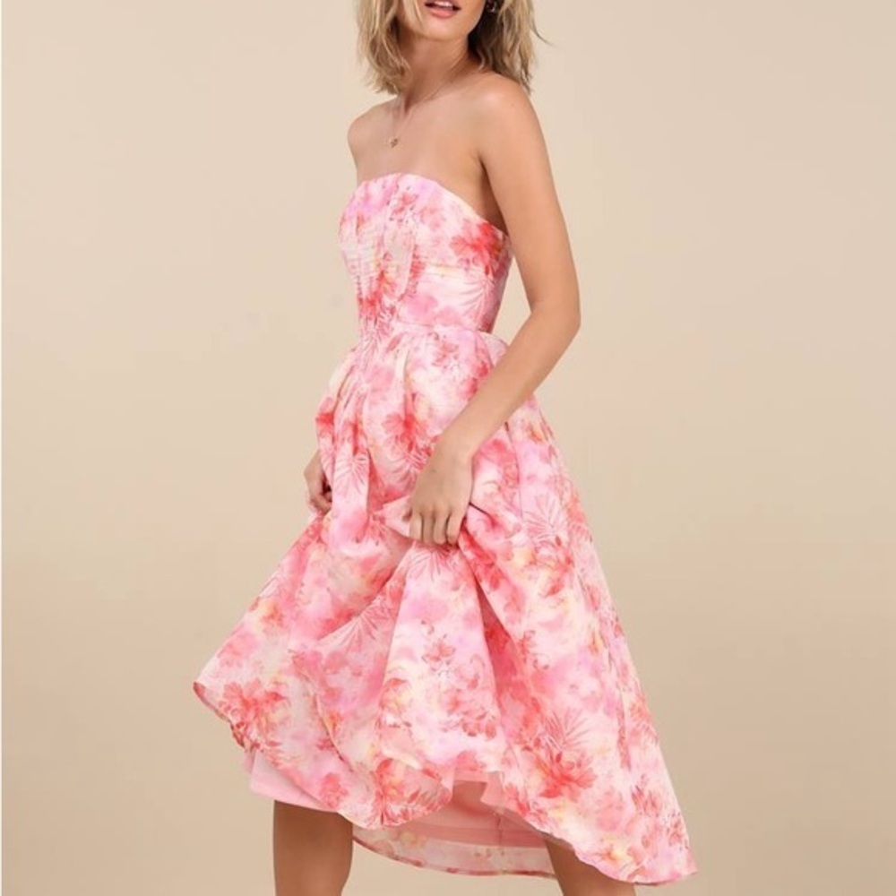 NEW Lulus Eulalia Pink Floral Lace-Up Strapless Bustier Midi Dress SZ XL